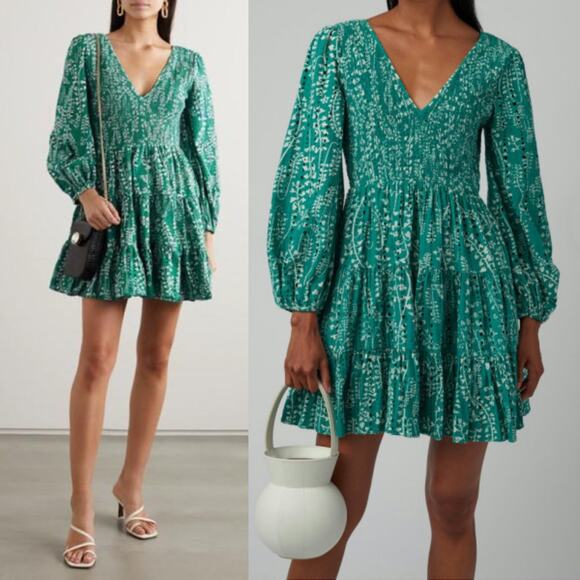 Rixo Sasha Floral Mini Dress Green Cotton Eyelet Broderie Anglaise Small Preown - Picture 1 of 13